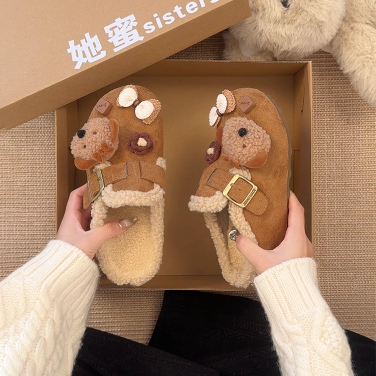 可爱毛绒小熊包头毛毛拖女冬厚底防滑一脚蹬毛毛鞋外穿勃肯棉拖鞋