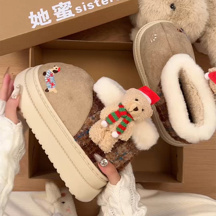 可爱卡通小熊厚底雪地靴女2025冬新款加绒加厚一脚蹬保暖面包棉鞋