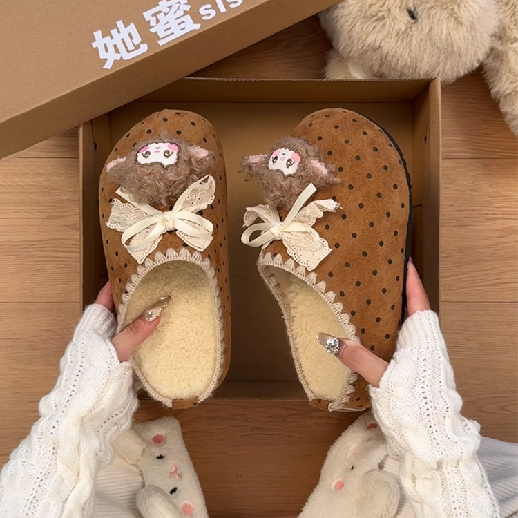 可爱甜美波点蝴蝶结雪莉玫厚底包头拖鞋女2025新款防滑软底棉拖鞋