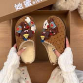 波点可爱卡通小毛包头半拖鞋 加绒勃肯鞋 外穿2025冬季 新款 棉鞋 时尚