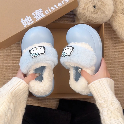 可爱hellokitty毛毛棉靴女外穿2025新款冬加绒保暖舒适包跟懒人鞋