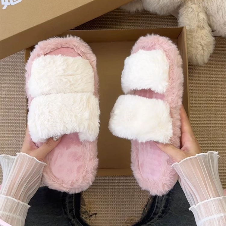 一字拖冬季舒适休闲兔毛室内家居平底拼色毛毛拖鞋女棉拖毛绒拖鞋,女鞋,一字拖,淘宝优惠券,粉丝福利购,淘宝优惠卷