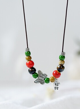 平安是福国潮复古景德镇陶瓷项链女长命锁锁骨链文艺吊坠锁骨链