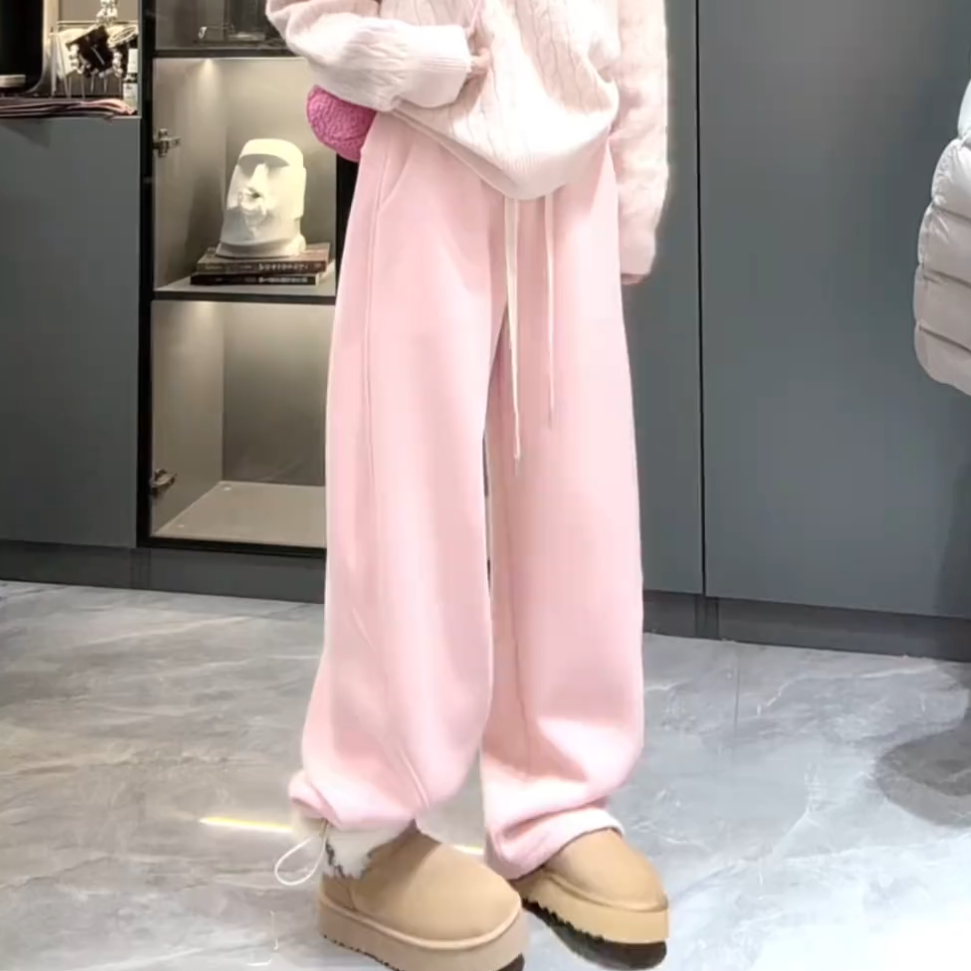 轻奢风粉色加绒抽绳两穿休闲卫裤女冬季新款宽松显瘦松紧腰阔腿裤,女装/女士精品,大码裤装,淘宝优惠券,粉丝福利购,淘宝优惠卷