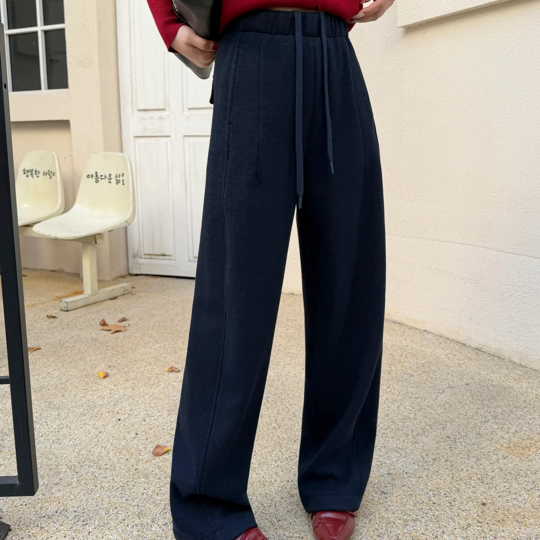 极简风纯色加绒厚实抽绳休闲卫裤