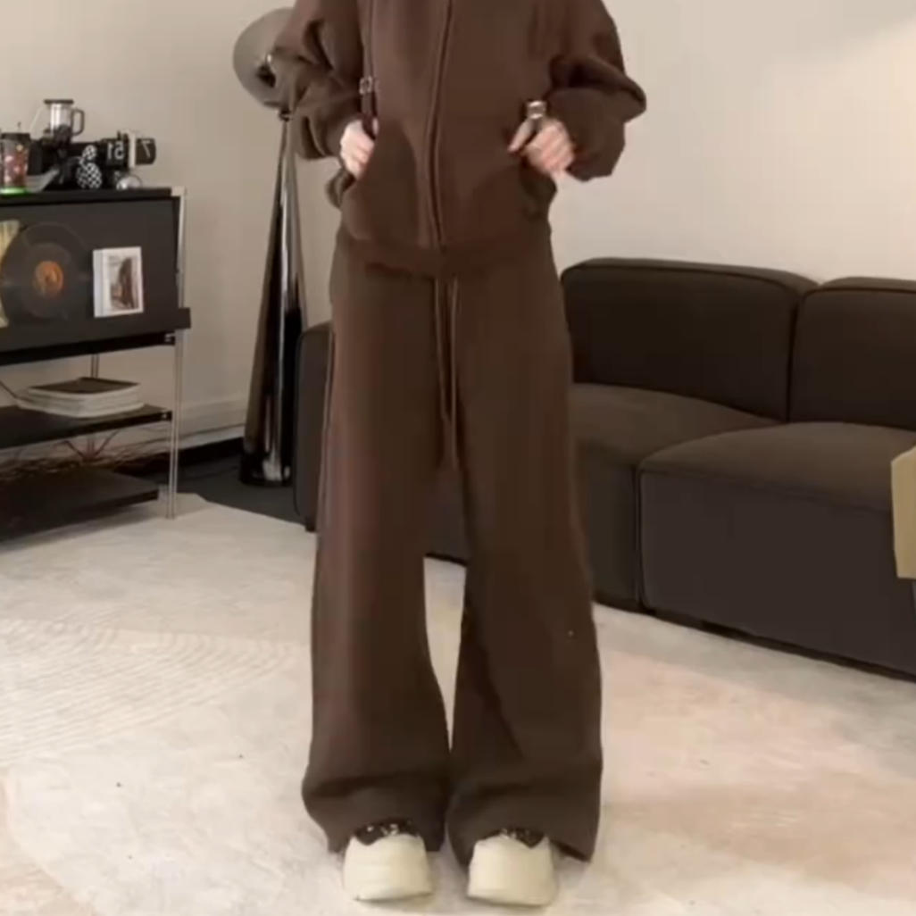 咖色抽绳松紧腰加绒加厚休闲卫裤