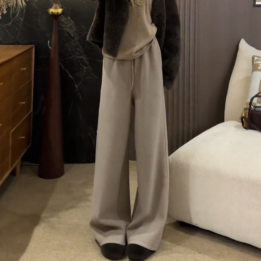 老钱风灰杏色加绒厚实休闲卫裤