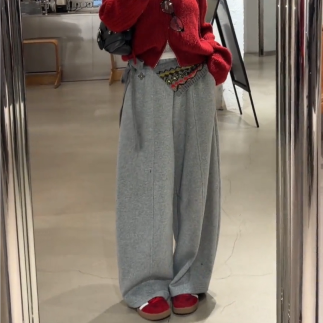 刺绣设计灰色加绒厚实休闲卫裤