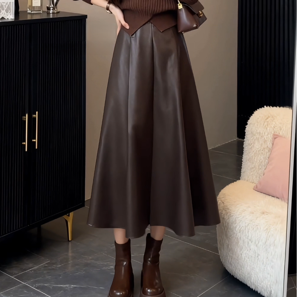 法式复古褶皱PU皮质厚实半身裙