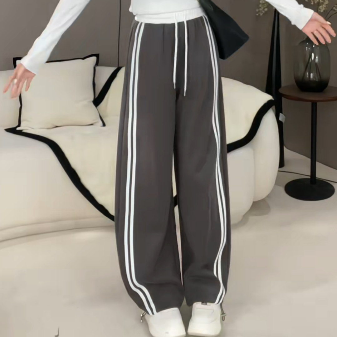 运动风灰色条纹抽绳可束脚直筒弯刀卫裤女春秋百搭舒适垂感休闲裤,女装/女士精品,大码裤装,淘宝优惠券,粉丝福利购,淘宝优惠卷