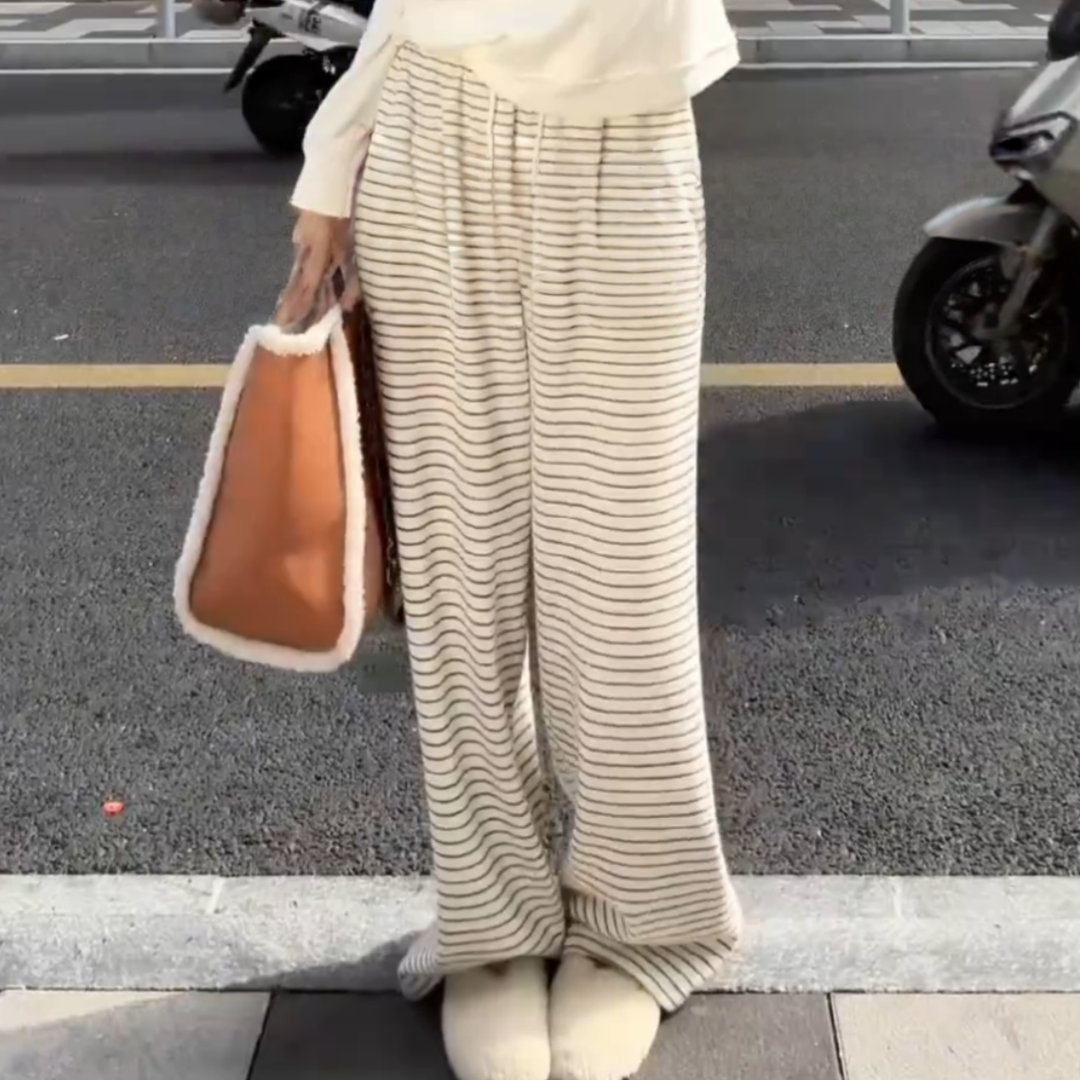 米白色条纹加绒松紧腰休闲卫裤女