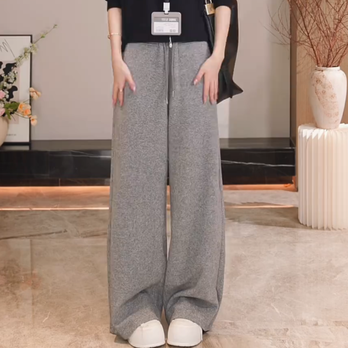 花灰色松紧腰抽绳毛呢休闲裤子女