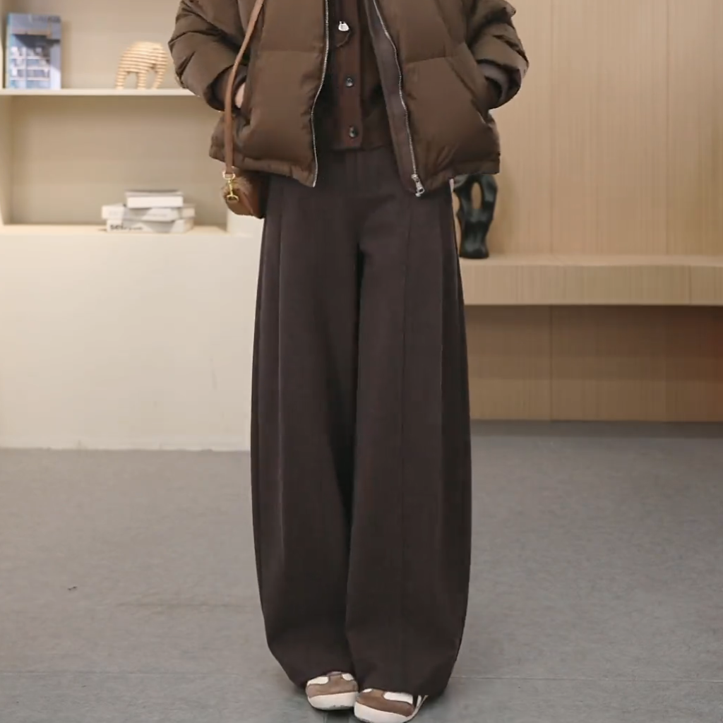 欧货老钱风咖色毛呢阔腿弯刀裤