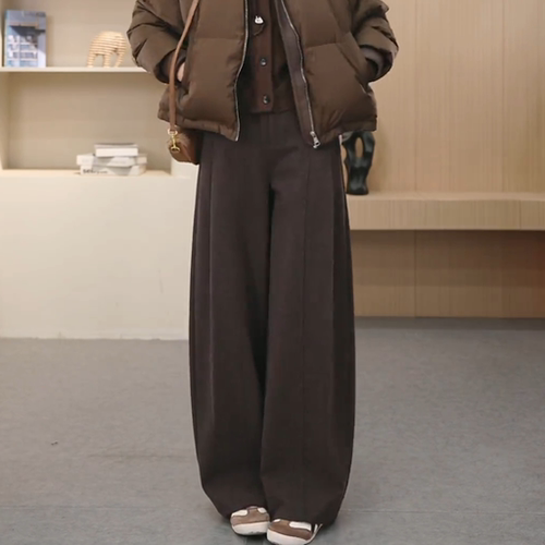 欧货老钱风咖色毛呢阔腿弯刀裤