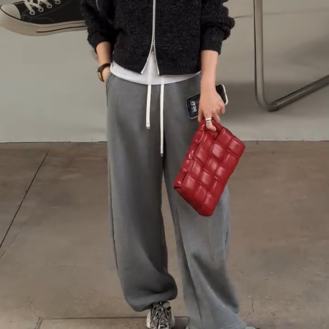 灰色加绒厚实抽绳松紧腰休闲卫裤