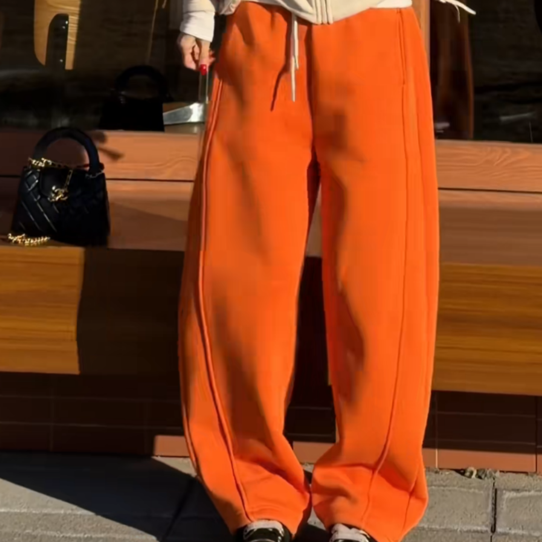 运动风桔红色加绒抽绳遮胯阔腿裤