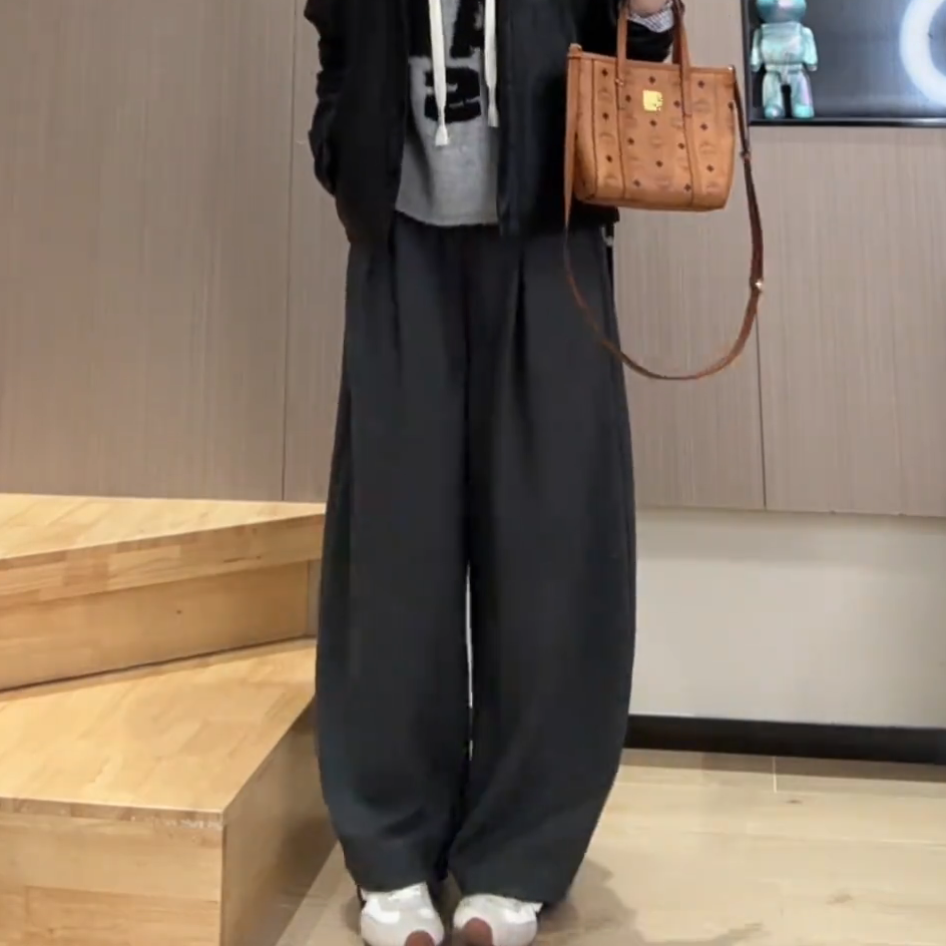 慵懒风深灰色压褶毛呢厚实阔腿裤女冬季新款时尚宽松显瘦休闲长裤,女装/女士精品,大码裤装,淘宝优惠券,粉丝福利购,淘宝优惠卷