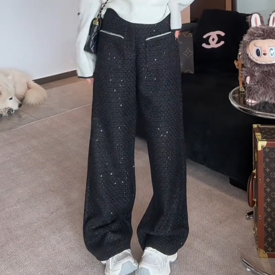 小香风黑色亮片口袋设计阔腿裤