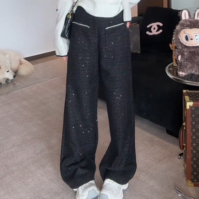 小香风黑色亮片口袋设计阔腿裤