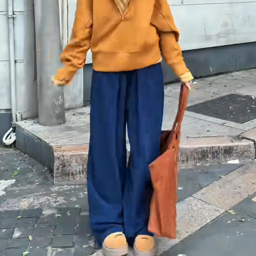 松弛感蓝色灯芯绒压褶设计阔腿裤