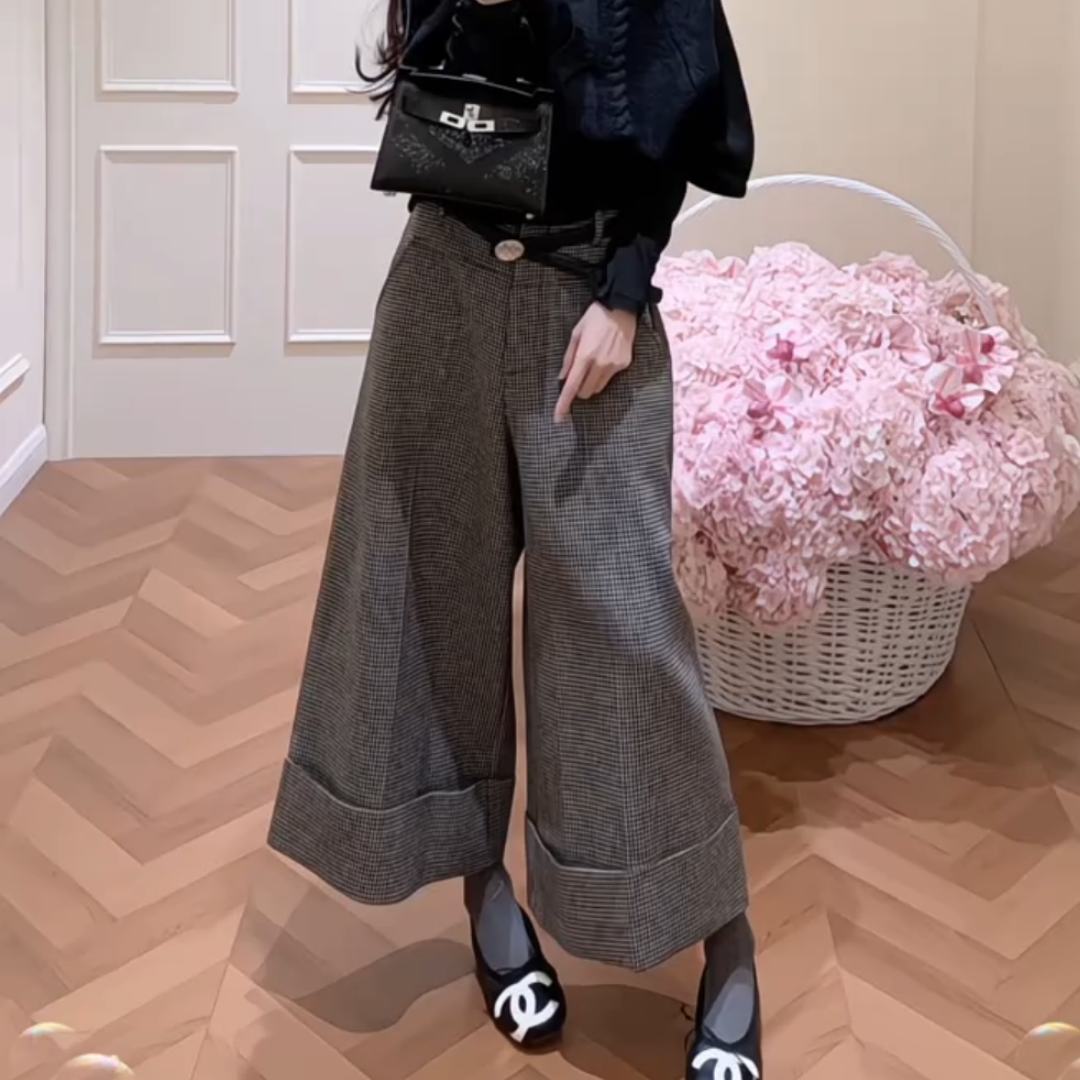 老钱风折叠裤脚格子毛呢垂感九分裤女冬季时尚百搭高腰显瘦阔腿裤