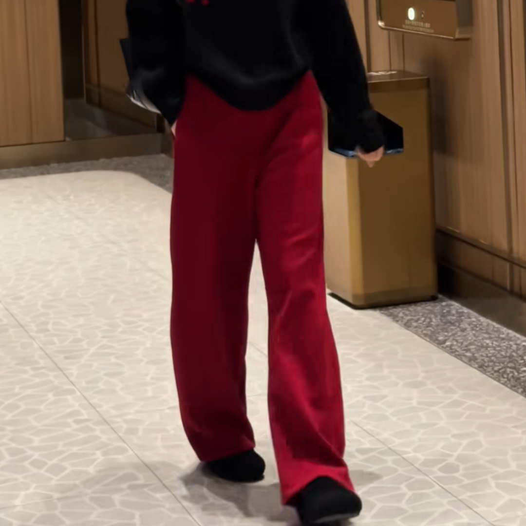 红色加绒厚实抽绳垂感休闲卫裤女