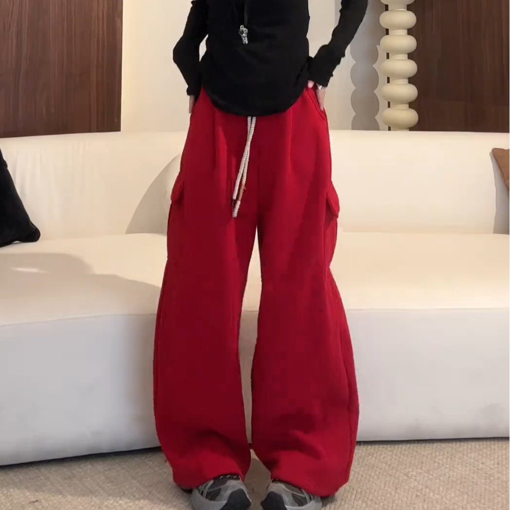 纯色大口袋设计加绒厚实阔腿工装裤女冬季新款时尚百搭抽绳休闲裤,女装/女士精品,大码裤装,淘宝优惠券,粉丝福利购,淘宝优惠卷