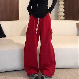 纯色大口袋设计加绒厚实阔腿工装裤女冬季新款时尚百搭抽绳休闲裤