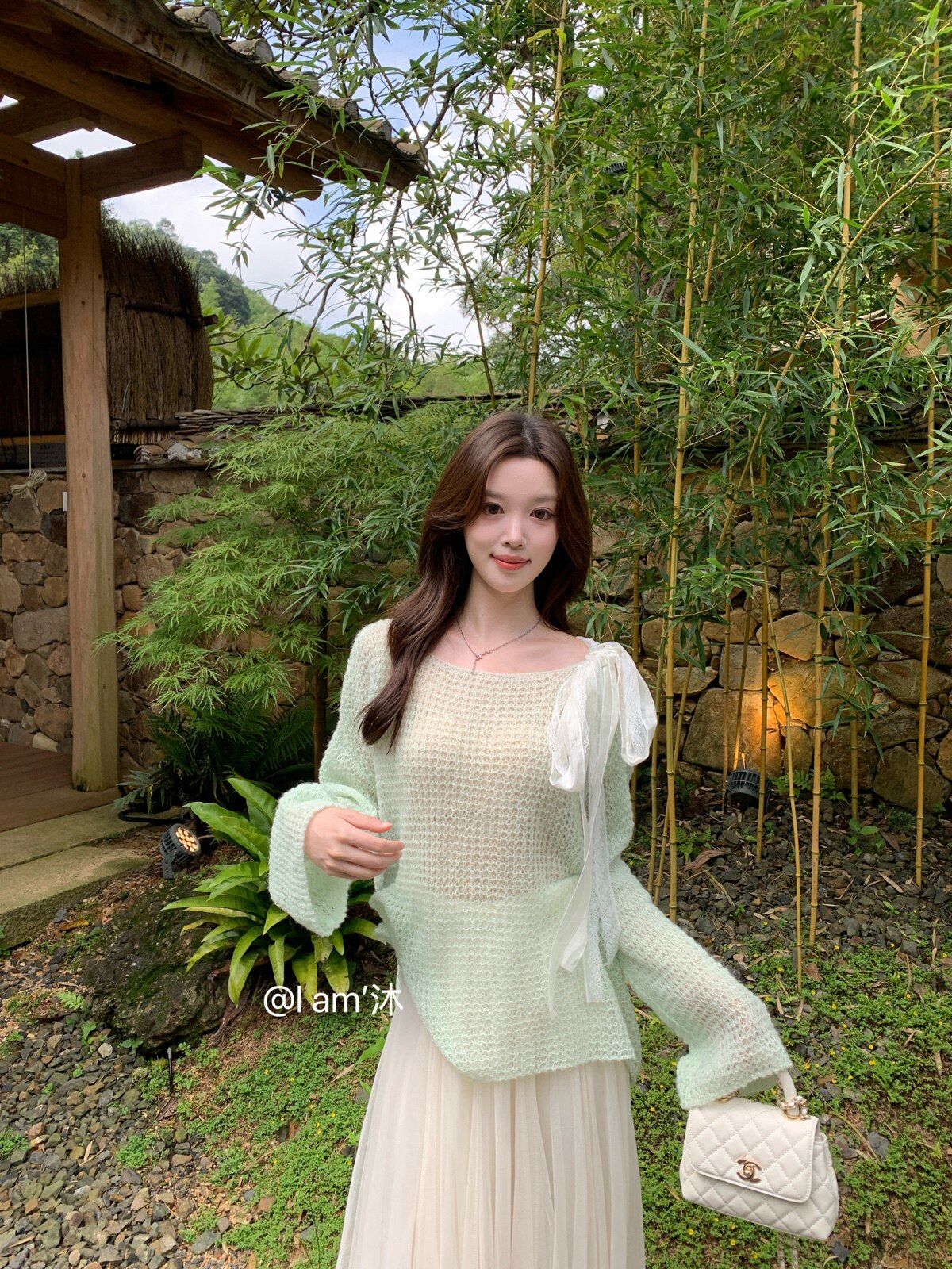 温柔蕾丝绑带蝴蝶结镂空针织罩衫女早秋宽松薄马海毛微透长袖上衣