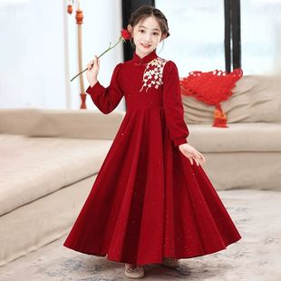 女童高端拜年服红色晚礼服新中式公主裙女孩主持人新年战袍演出服