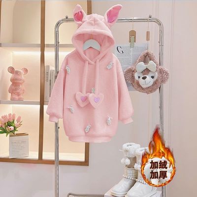 女童羊羔绒卫衣兔耳朵连帽连衣裙