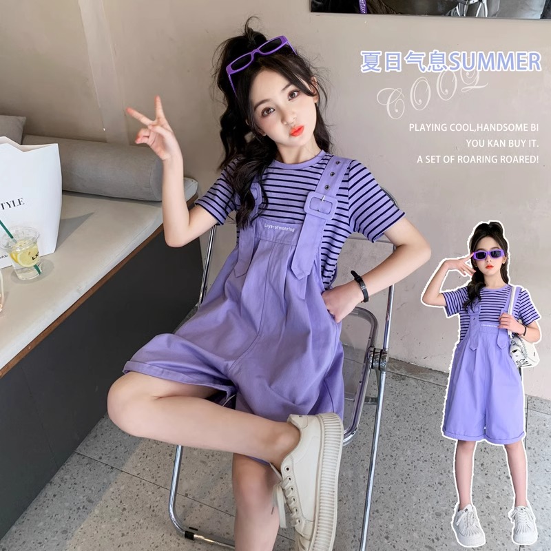 女童夏装套装2025新款儿童洋气时髦中大童夏季炸街背带短裤两件套