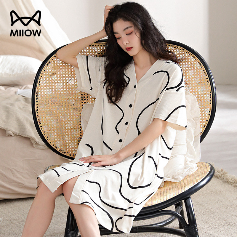 猫人纯棉睡裙夏季薄款甜美简约高级感睡衣开衫中长款新款家居服女