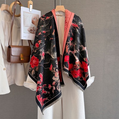 【墨山红意】70*180羊绒披肩加厚百搭油画保暖双面围巾女长巾围脖
