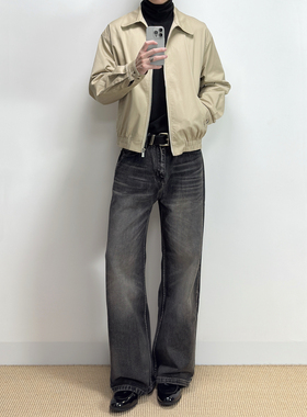 ALLFIT 立体猫须A字直筒水洗黑13.5oz赛络纺百搭休闲宽松牛仔裤男