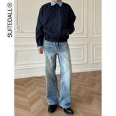 13oz淡化水洗立体猫须奶油休闲百搭牛仔裤 ALLFIT A字直筒蓝牛 男