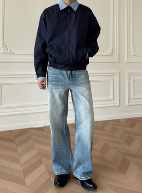 ALLFIT A字直筒蓝牛 13oz淡化水洗立体猫须奶油休闲百搭牛仔裤男