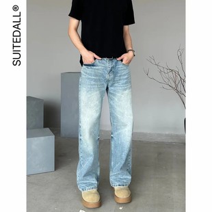 型vintage复古水洗猫须设计感小众长裤 SUITEDALL旧蓝牛仔裤 直筒版