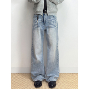 SUITEDALL闪电纹猫须A字蓝牛13oz水洗扎花破坏百搭宽松直筒牛仔裤