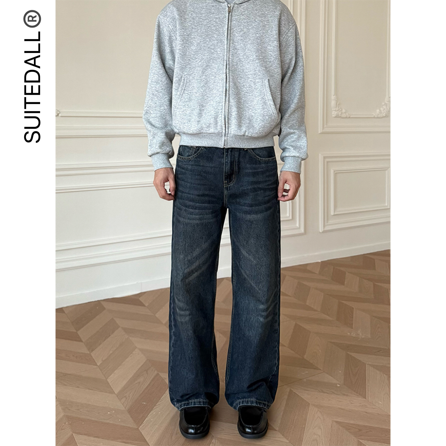 SUITEDALL复古深蓝做旧牛仔裤A字宽松直筒版型休闲百搭水洗长裤子