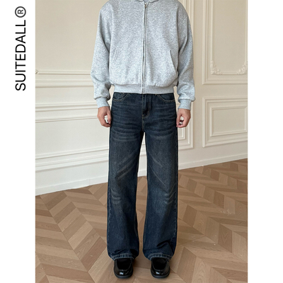 ALLFIT复古深蓝做旧牛仔裤