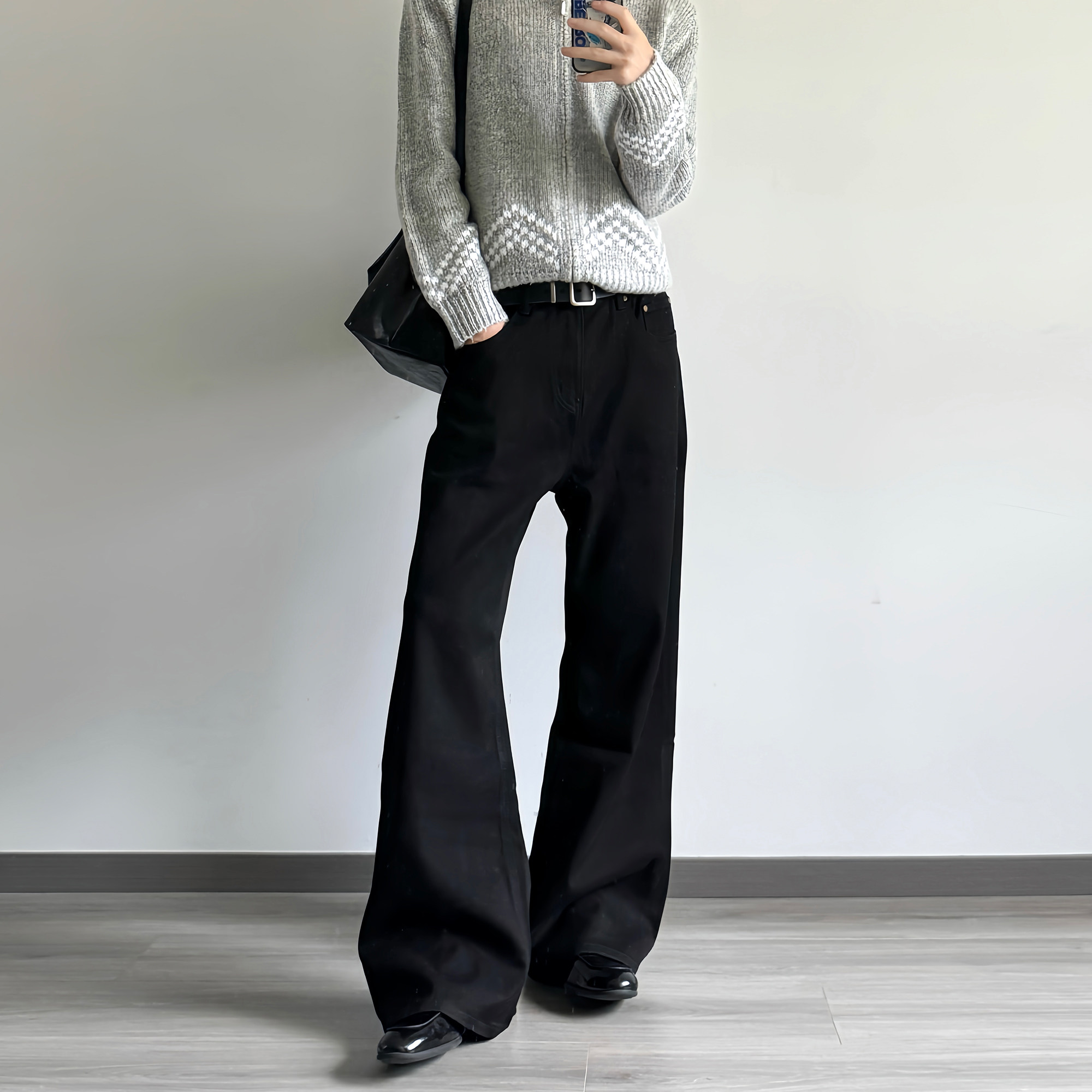 ALLFIT“2021M”弹力黑牛仔裤 14oz素版直筒微喇水洗垂感长裤男女