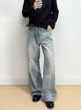 ALLFIT A字宽松直筒蓝牛 13oz水压挡板猫须水洗复古休闲牛仔裤男