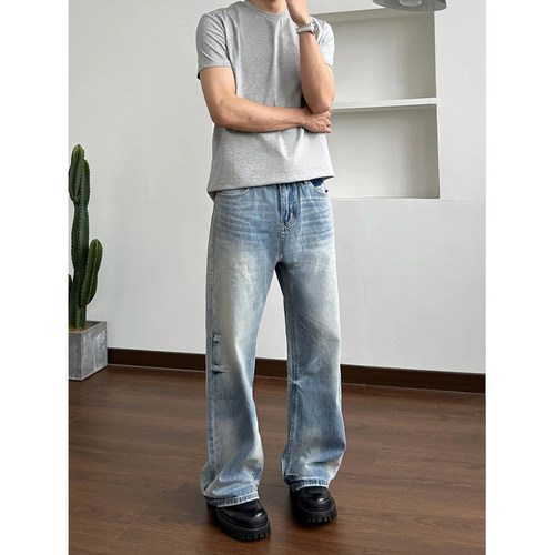 ALLFIT奶油蓝宽松直筒牛仔裤