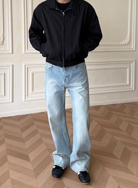 ALLFIT 竹节纹蓝牛 合身直筒版型磨破百搭巴家弯刀剪裁牛仔裤男