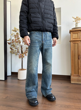 ALLFIT 直筒微喇叭软牛仔裤水洗复古美式做旧磨破Cleanfit长裤男