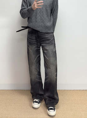 ALLFIT 镭射2.0黑灰牛仔裤 13盎司宽松直筒水洗猫须休闲四季长裤
