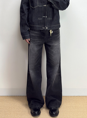 ALLFIT 幻影猫须A字直筒黑牛13盎司宽松休闲百搭水洗牛仔裤男女