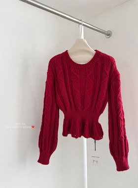 韩系氛围感收腰长袖红色毛衣女春季秋冬上衣温柔气质灯笼袖针织衫