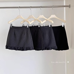 法式木耳边灰色波点半身裙女加厚款冬季2025新款遮胯黑色毛呢短裙